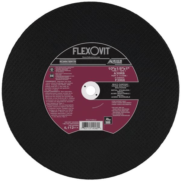 Flexovit HIGH PERFORMANCE Multi-Purpose Cut-Off Wheel, 10 in Dia x 1/8 in THK, 1 in Center Hole, 30 Grit, Alu F3966 - main